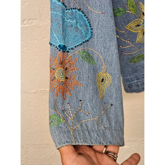 VTG Tantrums Embroidered Floral Denim Jacket Sz L Butterflies 90s Hippie Boho - Picture 6 of 16